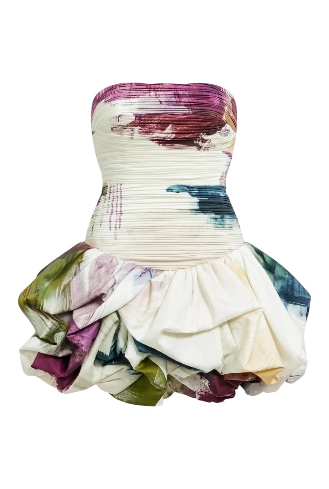 Aje Violette Bubble Hem Mini Dress | Impressionist Floral, Ruched, Strapless