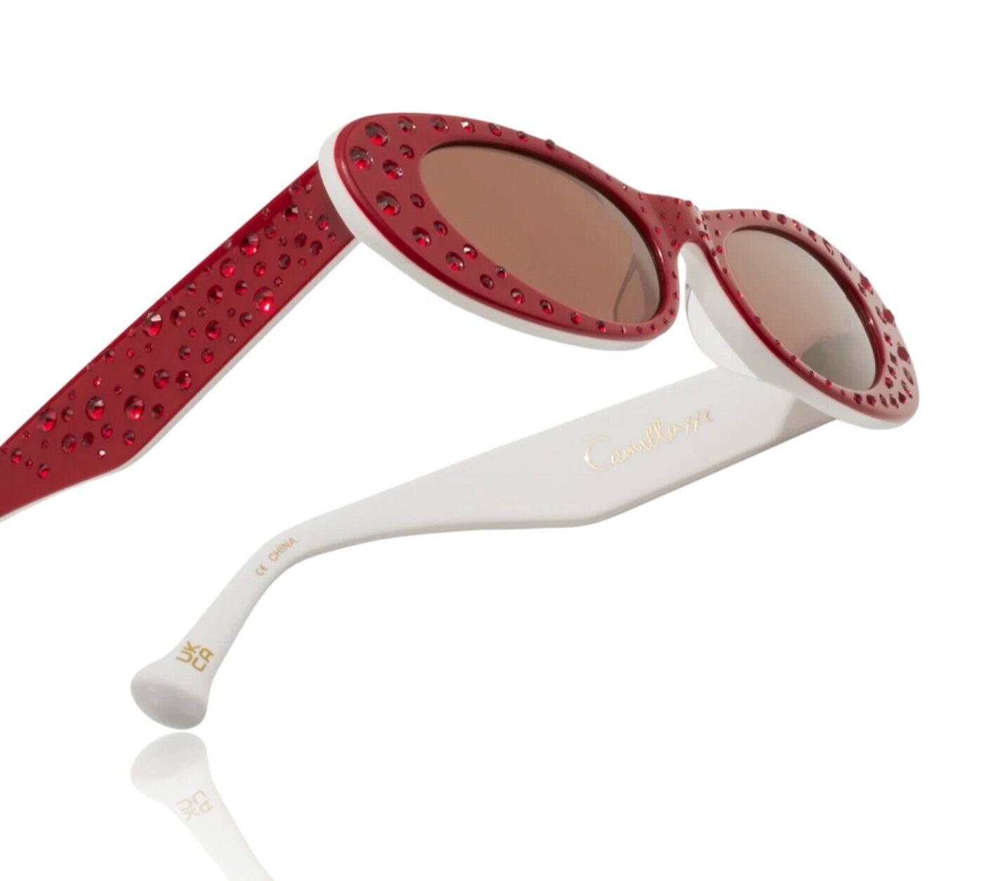 Camilla Champagne & Caviar Sunglasses |  Red/White Crystals, Cats Eye, Hand-Made