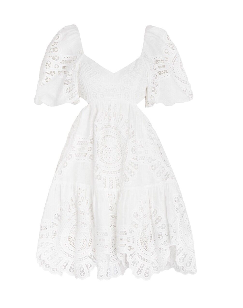 Zimmermann Vacay Lace Mini Dress | White, Linen/Cotton, Cut Out, Open Back, Puff