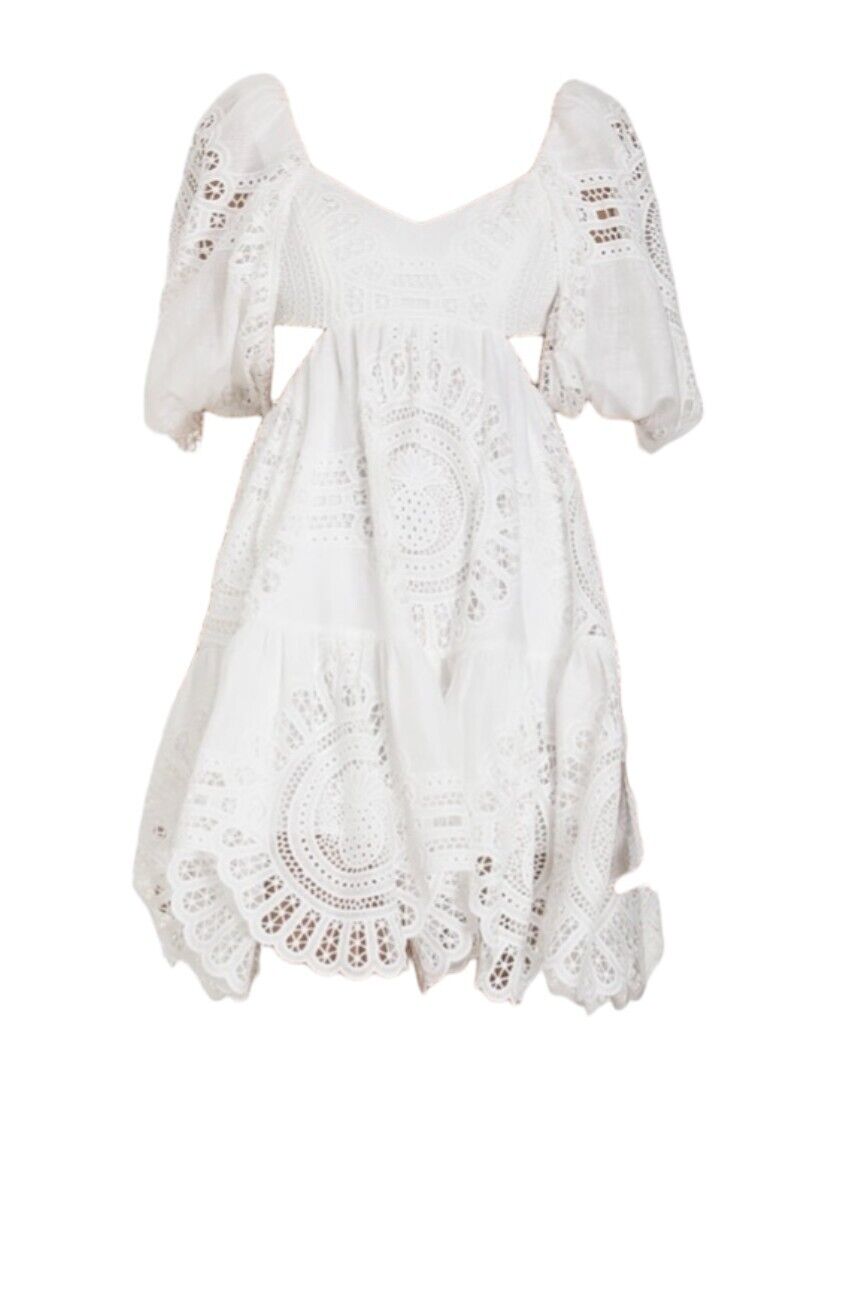 Zimmermann Vacay Lace Mini Dress | White, Linen/Cotton, Cut Out, Open Back, Puff