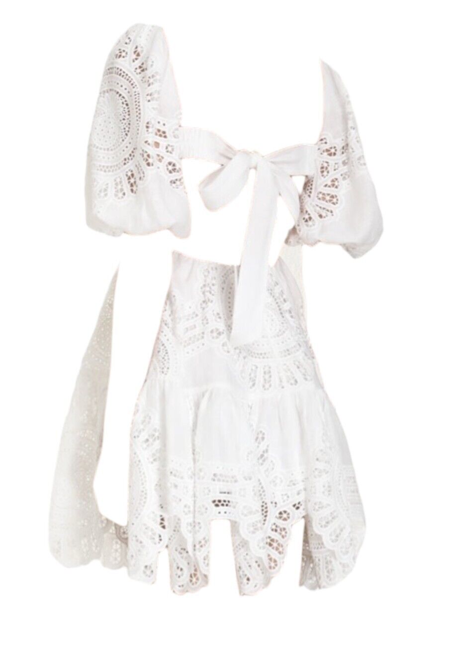 Zimmermann Vacay Lace Mini Dress | White, Linen/Cotton, Cut Out, Open Back, Puff