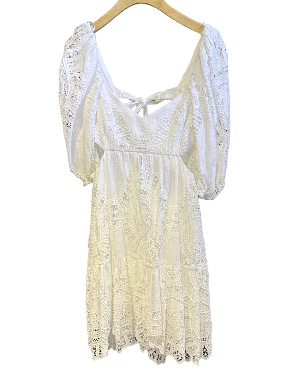 Zimmermann Vacay Lace Mini Dress | White, Linen/Cotton, Cut Out, Open Back, Puff