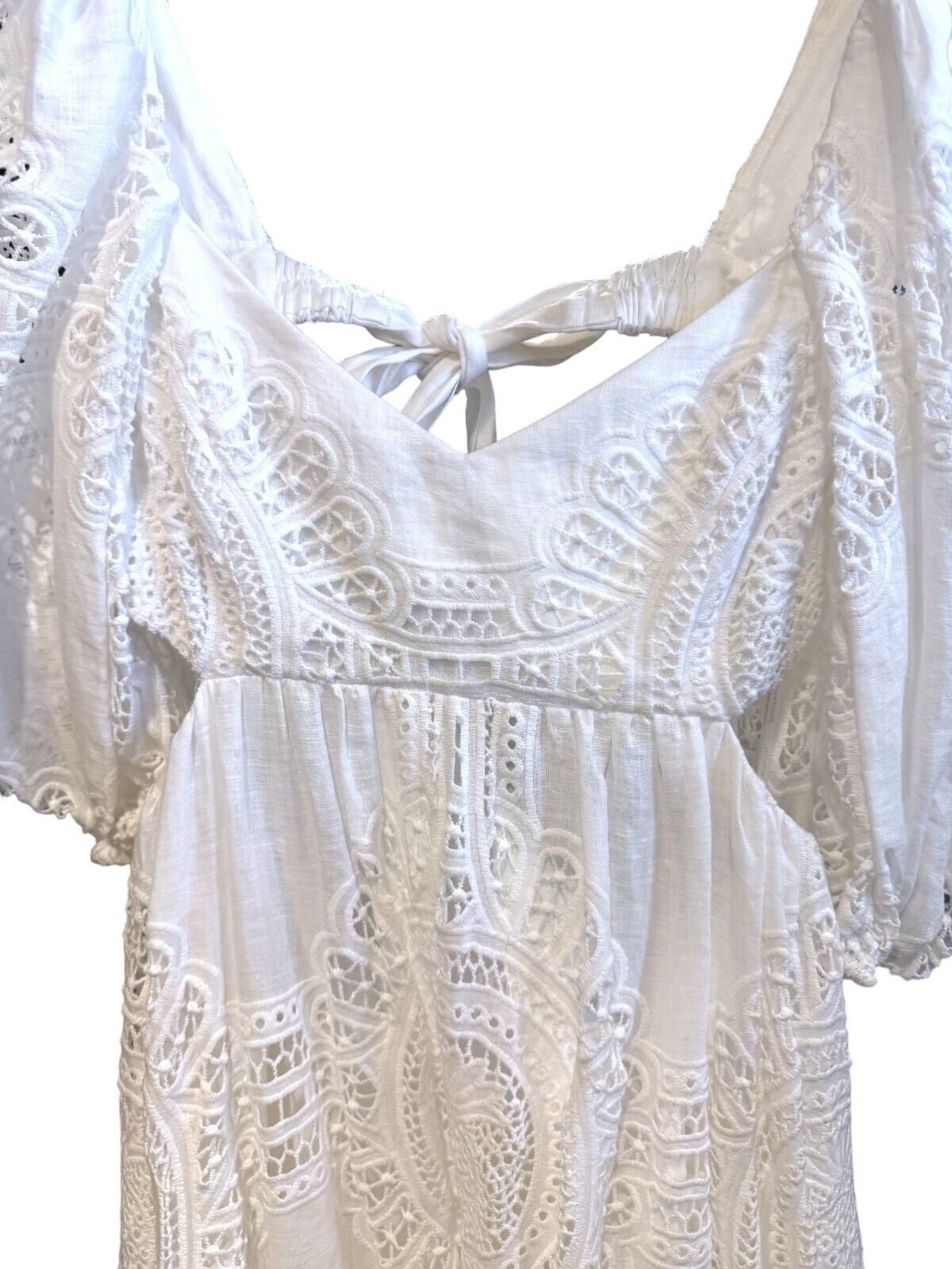 Zimmermann Vacay Lace Mini Dress | White, Linen/Cotton, Cut Out, Open Back, Puff