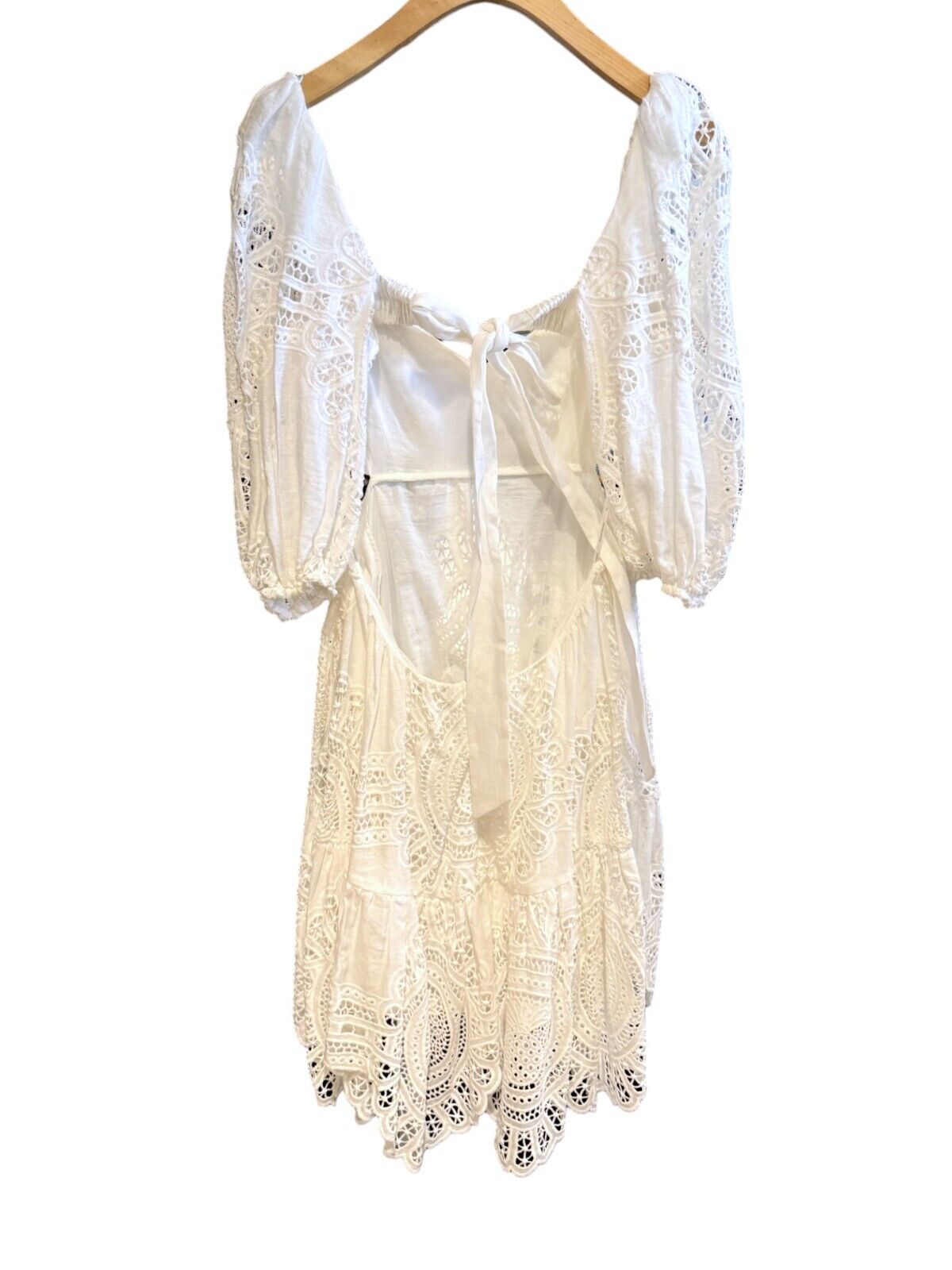 Zimmermann Vacay Lace Mini Dress | White, Linen/Cotton, Cut Out, Open Back, Puff