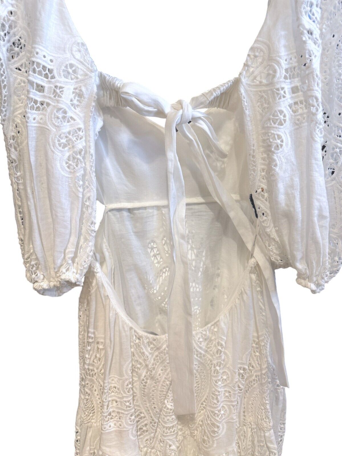 Zimmermann Vacay Lace Mini Dress | White, Linen/Cotton, Cut Out, Open Back, Puff