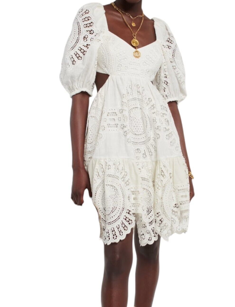 Zimmermann Vacay Lace Mini Dress | White, Linen/Cotton, Cut Out, Open Back, Puff