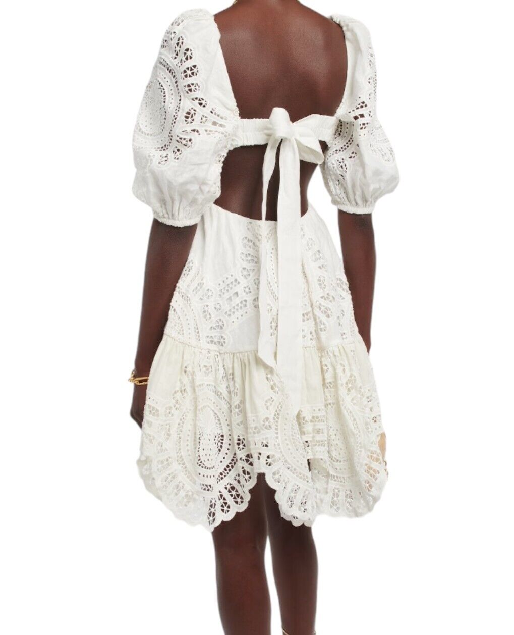 Zimmermann Vacay Lace Mini Dress | White, Linen/Cotton, Cut Out, Open Back, Puff