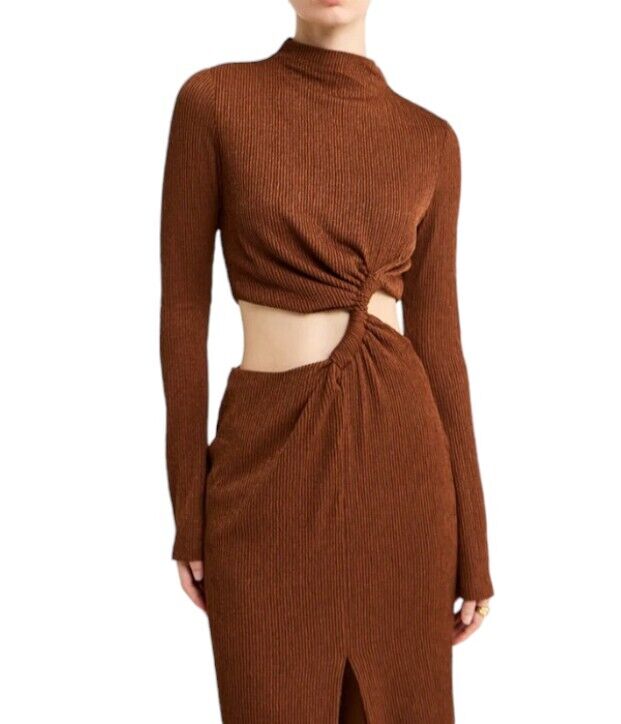 CAMILLA & MARC Haywood Twisted Dress | Midi, Brown Cut Out, Slit, High Neck