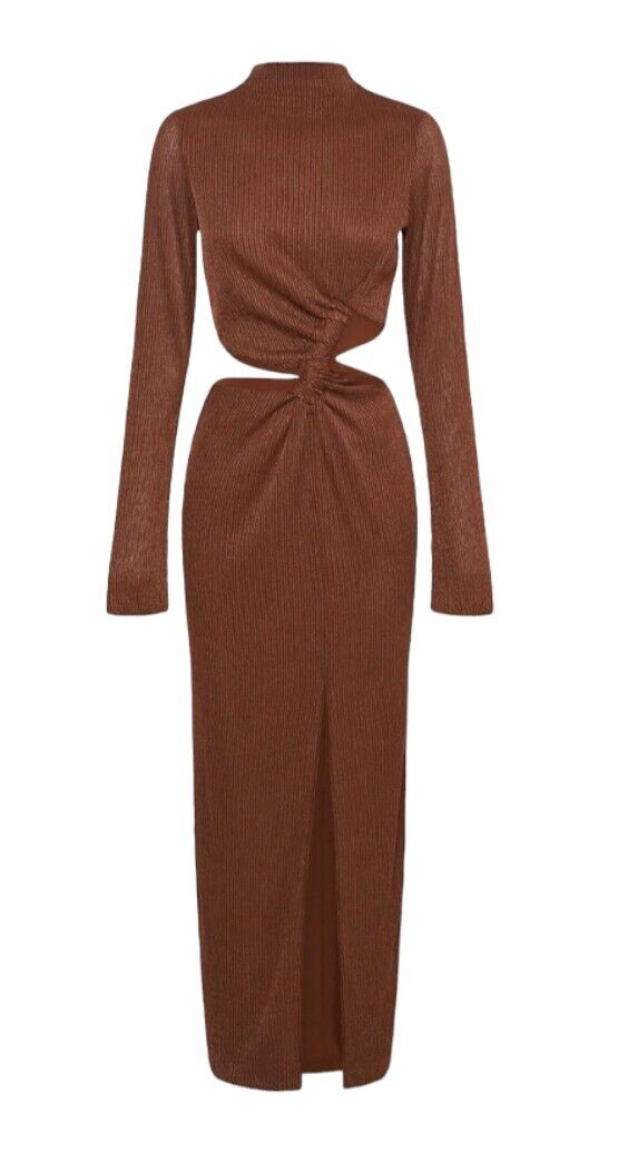 CAMILLA & MARC Haywood Twisted Dress | Midi, Brown Cut Out, Slit, High Neck