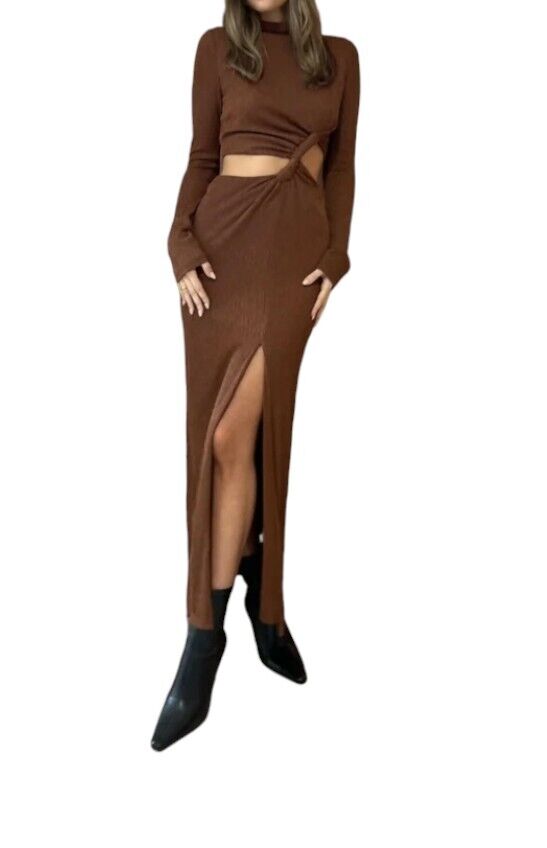 CAMILLA & MARC Haywood Twisted Dress | Midi, Brown Cut Out, Slit, High Neck