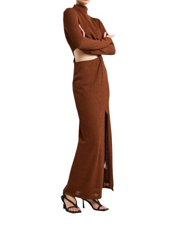 CAMILLA & MARC Haywood Twisted Dress | Midi, Brown Cut Out, Slit, High Neck