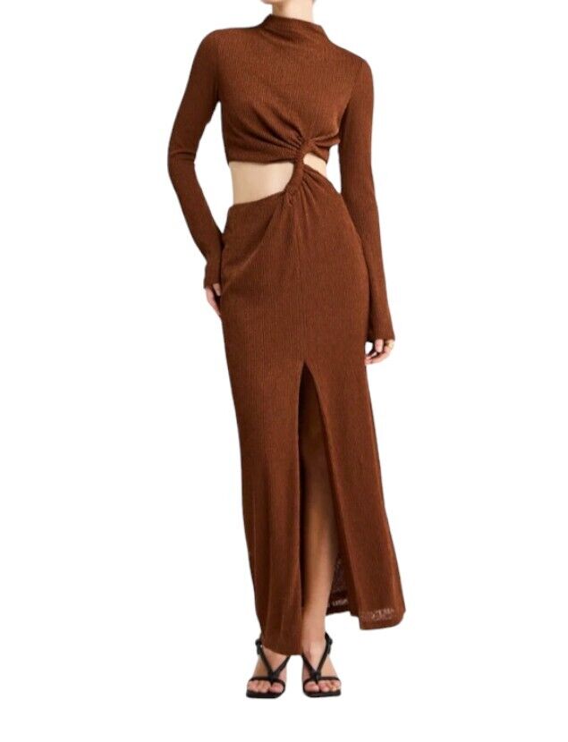 CAMILLA & MARC Haywood Twisted Dress | Midi, Brown Cut Out, Slit, High Neck