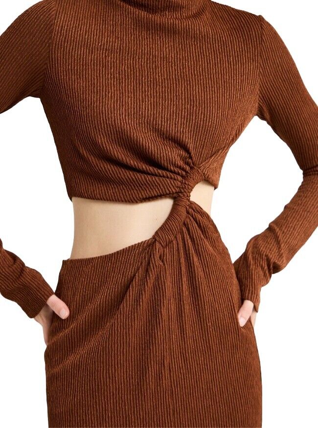 CAMILLA & MARC Haywood Twisted Dress | Midi, Brown Cut Out, Slit, High Neck