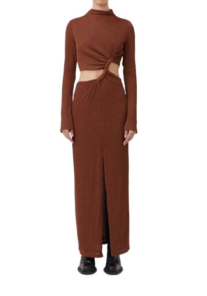 CAMILLA & MARC Haywood Twisted Dress | Midi, Brown Cut Out, Slit, High Neck