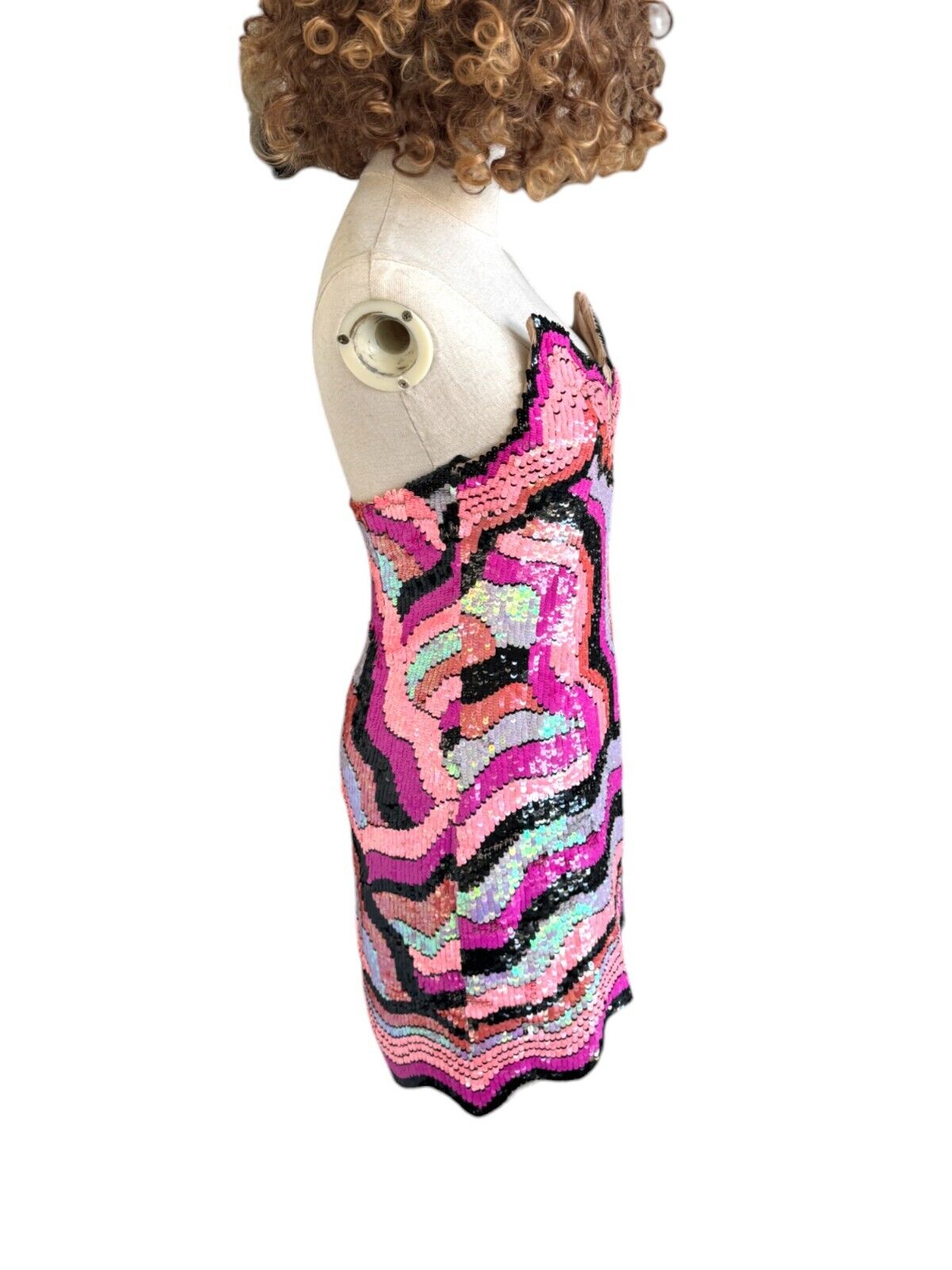 X by NBD Maritza Mini Dress | Sz Small, Sequins, Mesh, V Neck, Strapless, Pink