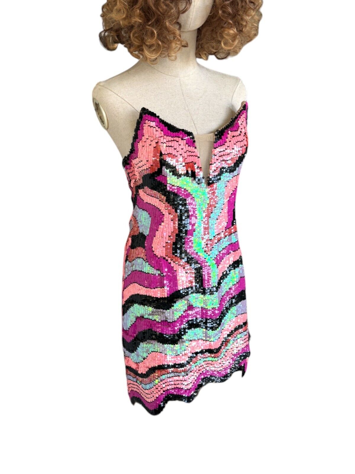 X by NBD Maritza Mini Dress | Sz Small, Sequins, Mesh, V Neck, Strapless, Pink