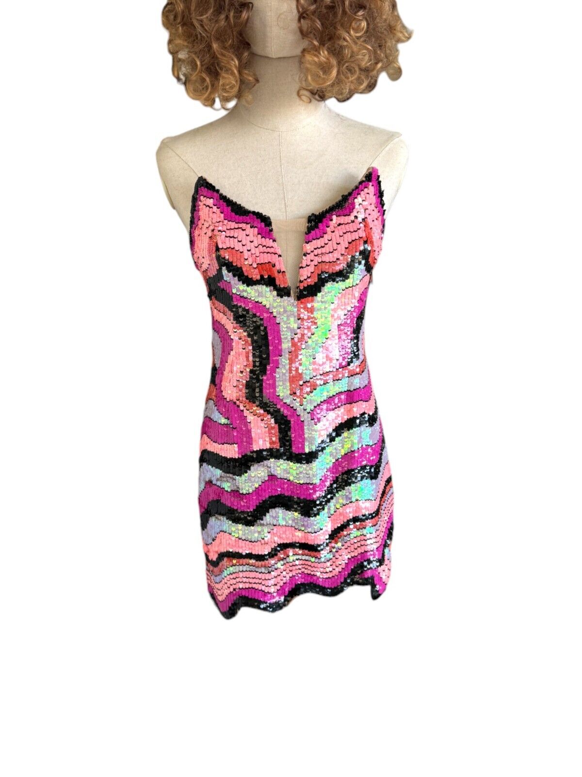 X by NBD Maritza Mini Dress | Sz Small, Sequins, Mesh, V Neck, Strapless, Pink