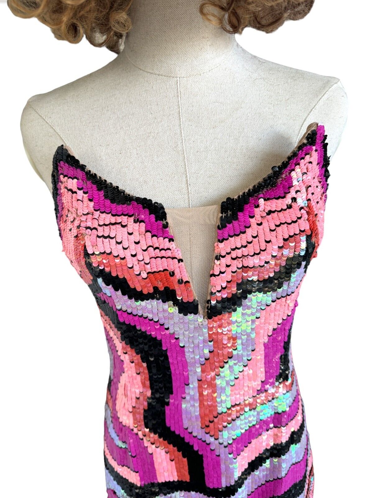 X by NBD Maritza Mini Dress | Sz Small, Sequins, Mesh, V Neck, Strapless, Pink