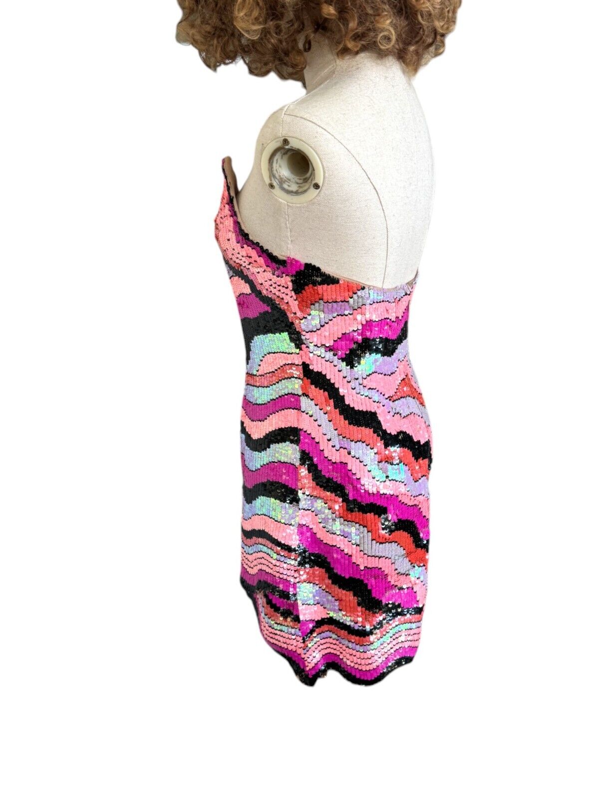 X by NBD Maritza Mini Dress | Sz Small, Sequins, Mesh, V Neck, Strapless, Pink