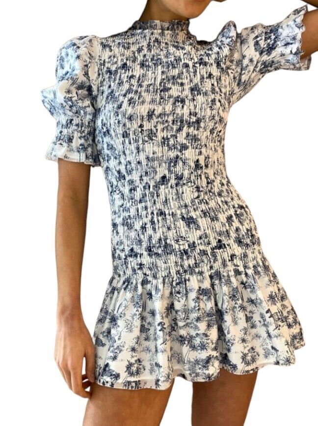 Sir The Label Dimitri Mini Dress | Sz 0, Puff Sleeves, Shirring, Cotton/Silk