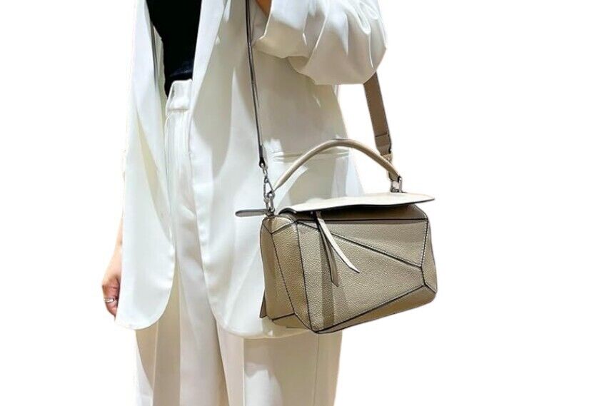 Geometric Puzzle Handbag, Shoulder/Crossbody, Beige/Camel, Mini, Vegan Leather