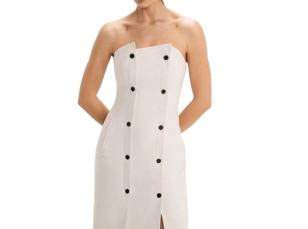 CUE Button Bandeau Midi Dress | Sz 8, Stretch, Off-White/Cream, Black Buttons