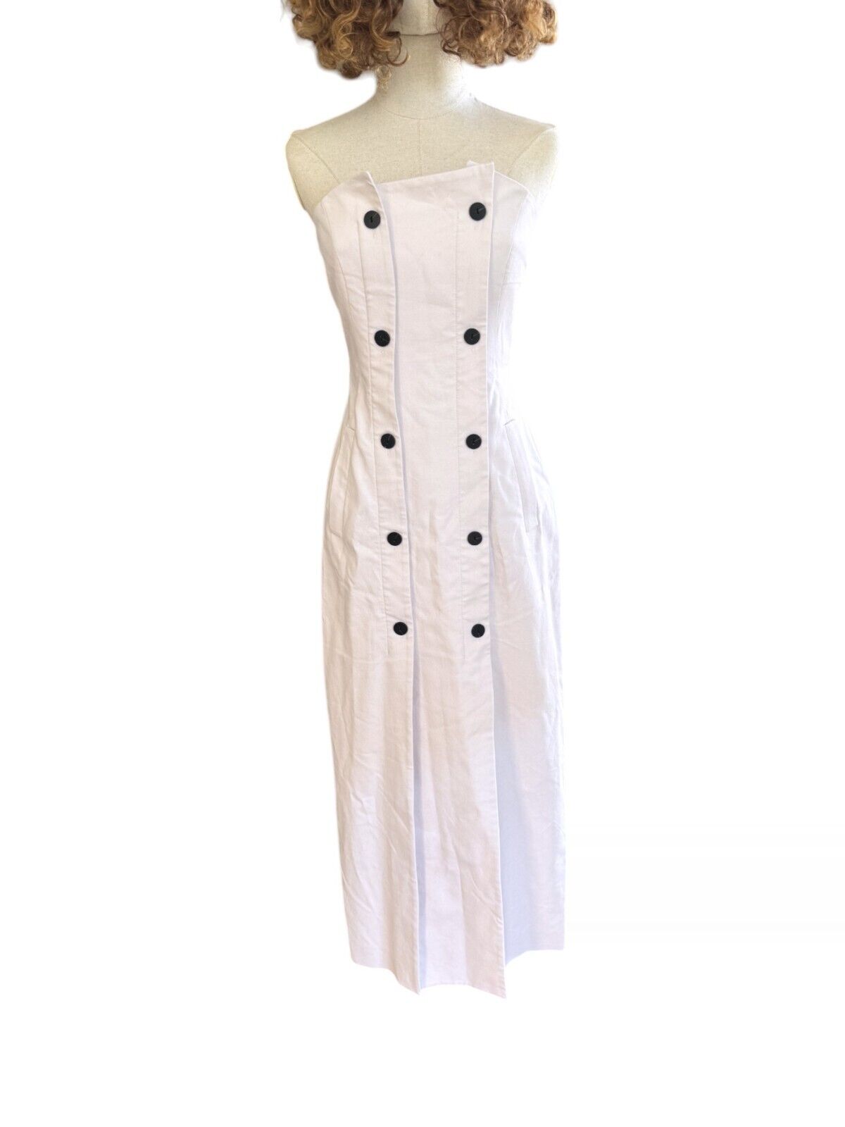 CUE Button Bandeau Midi Dress | Sz 8, Stretch, Off-White/Cream, Black Buttons