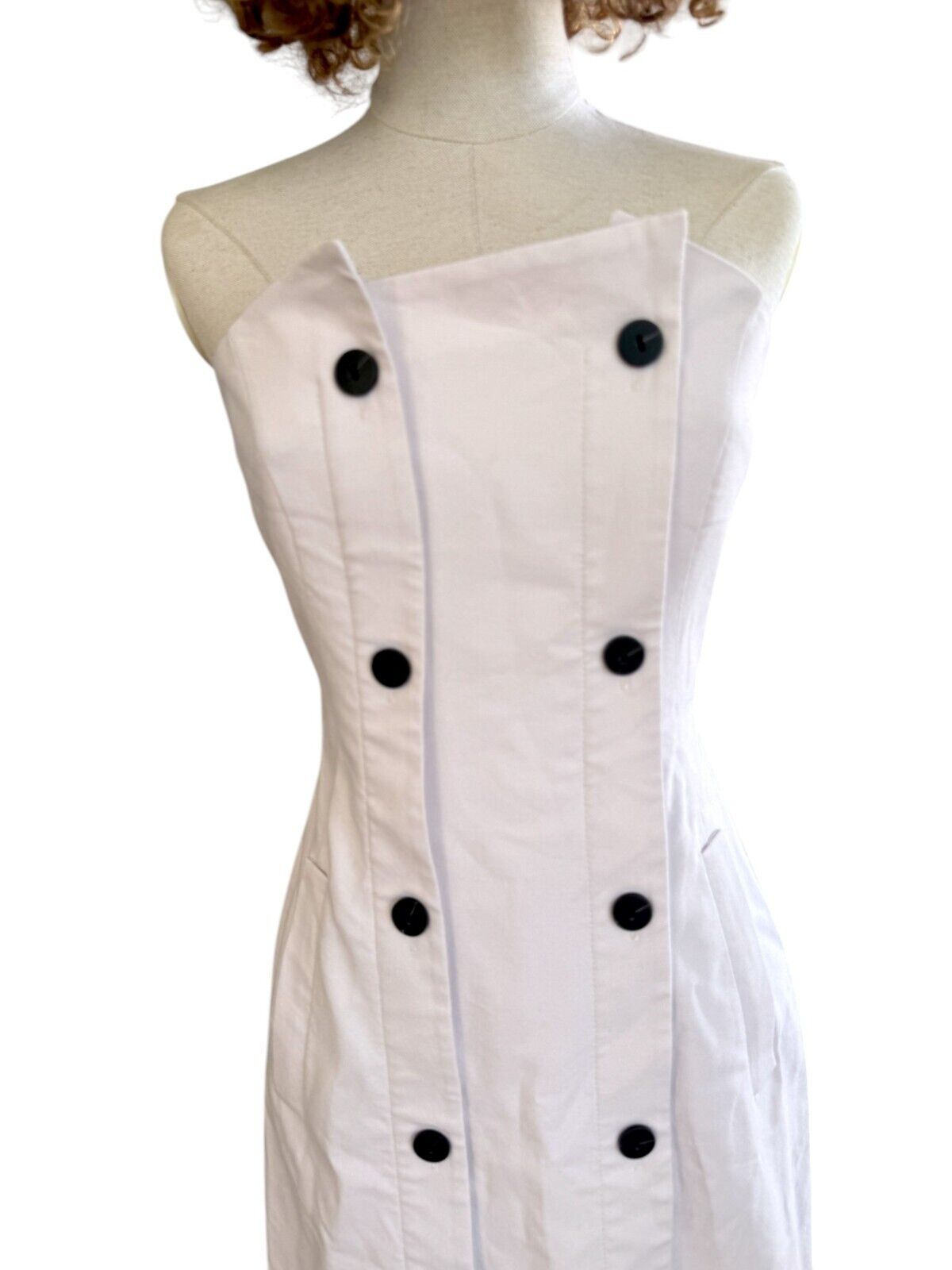 CUE Button Bandeau Midi Dress | Sz 8, Stretch, Off-White/Cream, Black Buttons