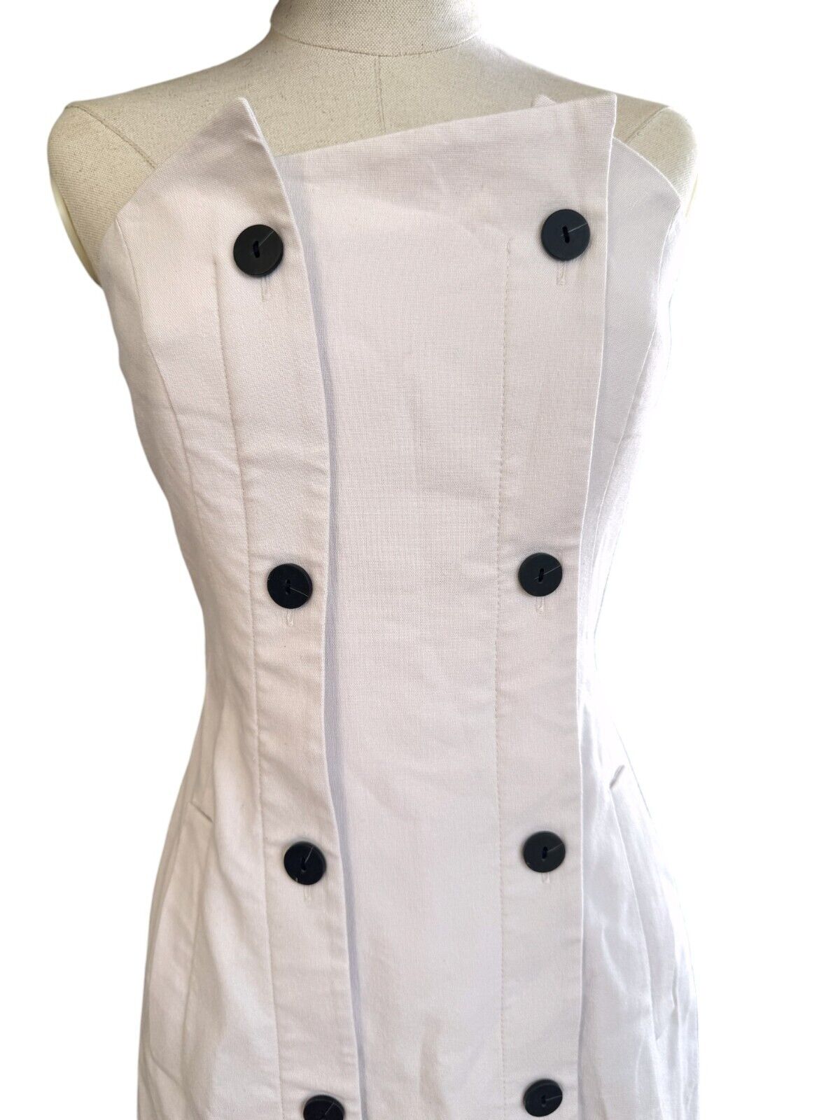 CUE Button Bandeau Midi Dress | Sz 8, Stretch, Off-White/Cream, Black Buttons