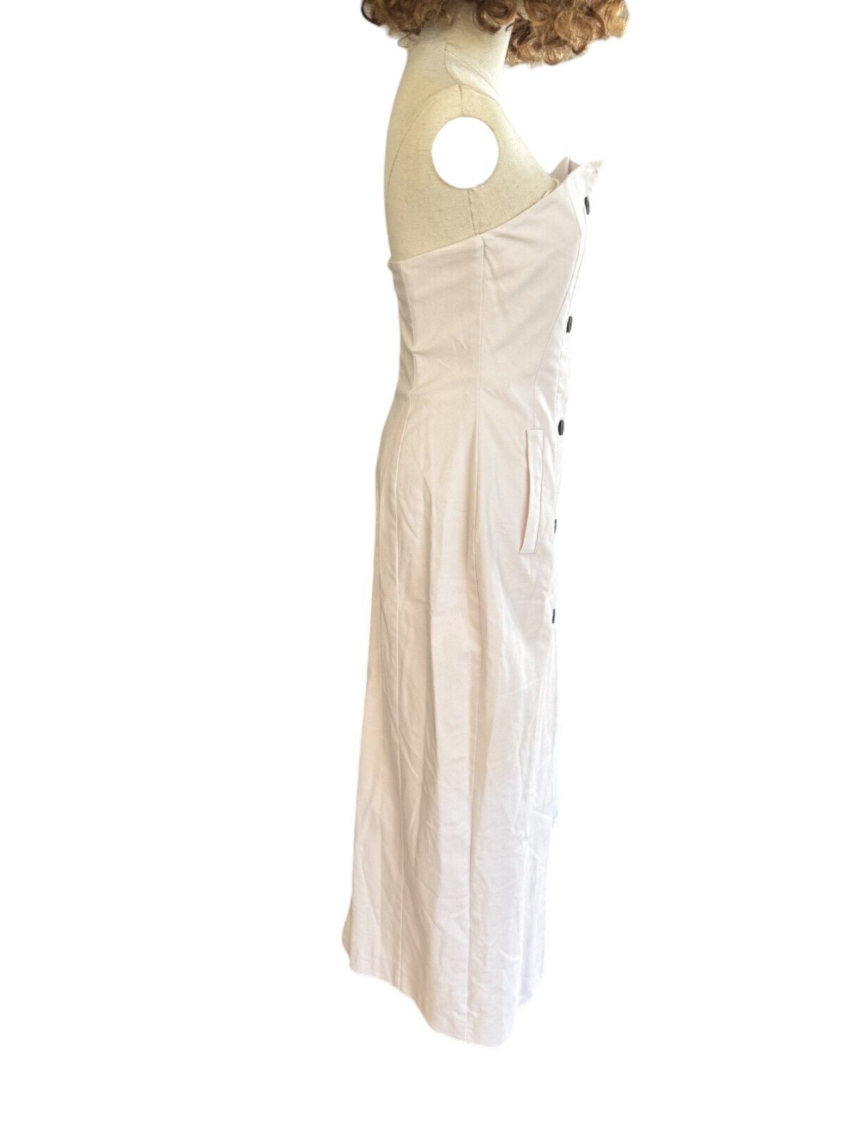 CUE Button Bandeau Midi Dress | Sz 8, Stretch, Off-White/Cream, Black Buttons