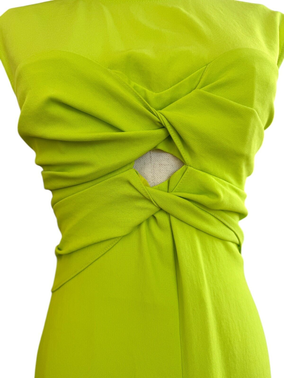 CUE Twist Front Bodice Midi Dress | Lime Green/Neon Yellow, Cutout, Crepe Fabric