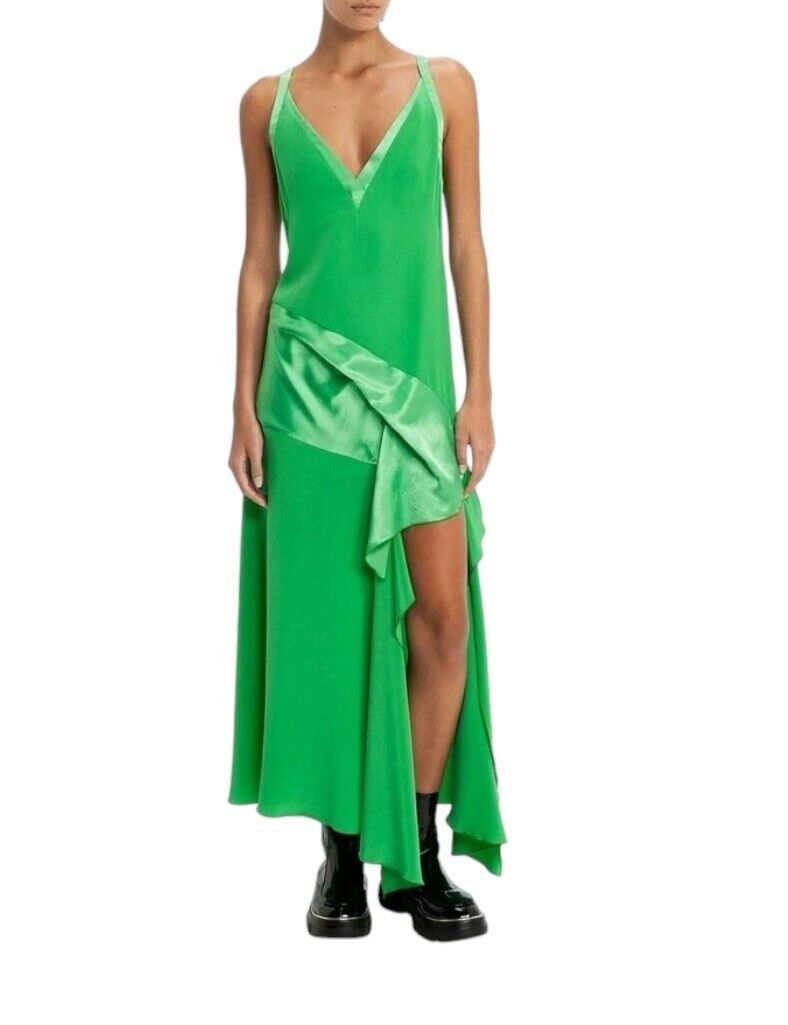 CUE Silk Draped Midi Dress | Tropical Green | Sz 8, Asymmetric, V Neck, Relaxed