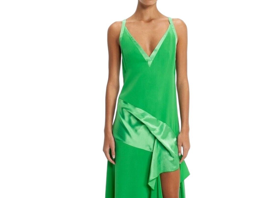 CUE Silk Draped Midi Dress | Tropical Green | Sz 8, Asymmetric, V Neck, Relaxed