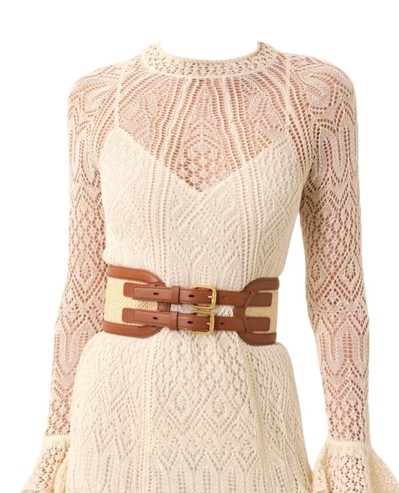 Zimmermann Raffia Belt 90 | Double Buckle, Tan/Beige, Wide, Waist, Leather, Gold
