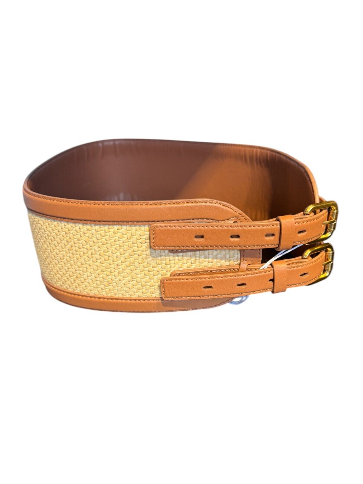 Zimmermann Raffia Belt 90 | Double Buckle, Tan/Beige, Wide, Waist, Leather, Gold