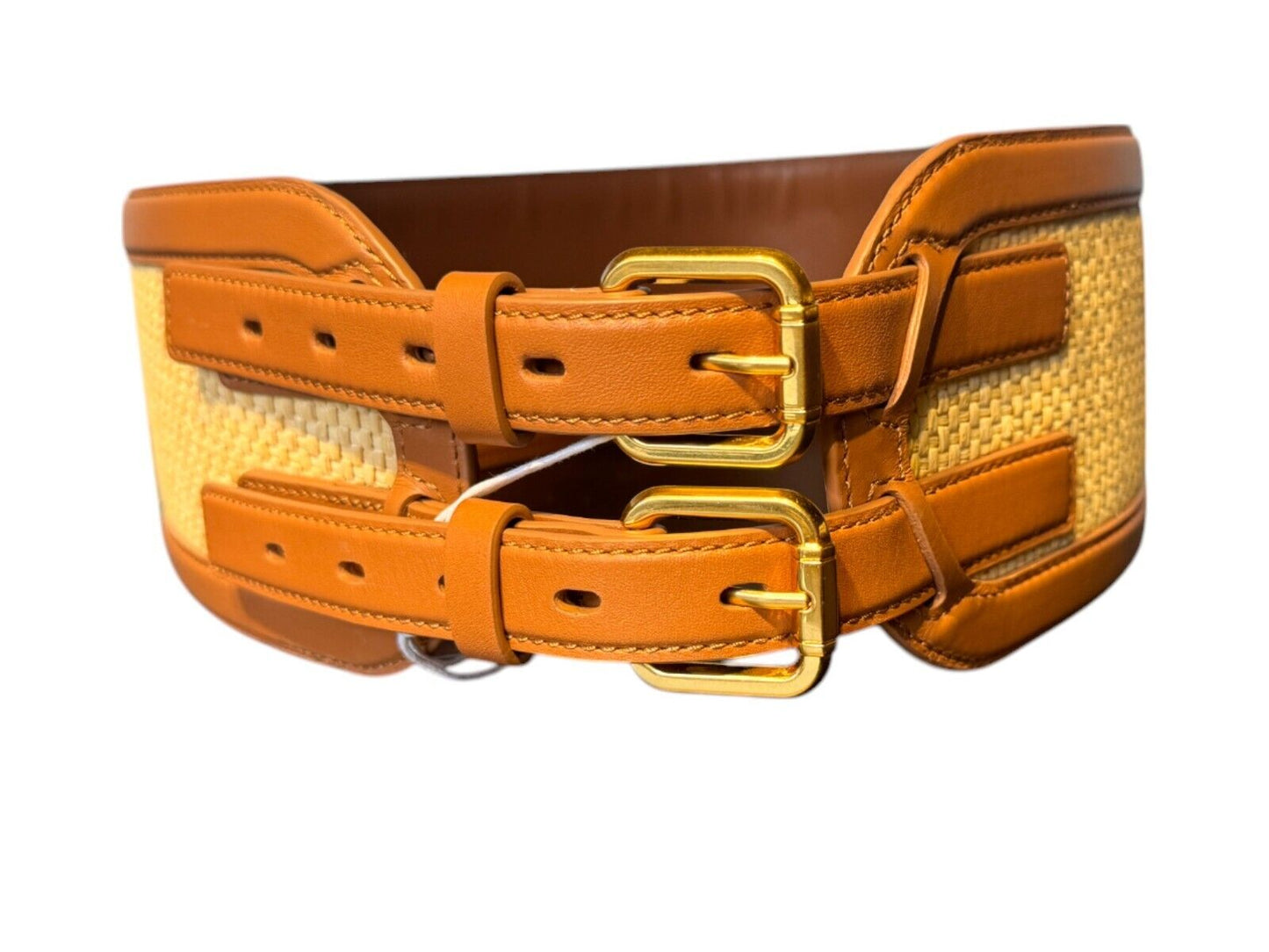 Zimmermann Raffia Belt 90 | Double Buckle, Tan/Beige, Wide, Waist, Leather, Gold