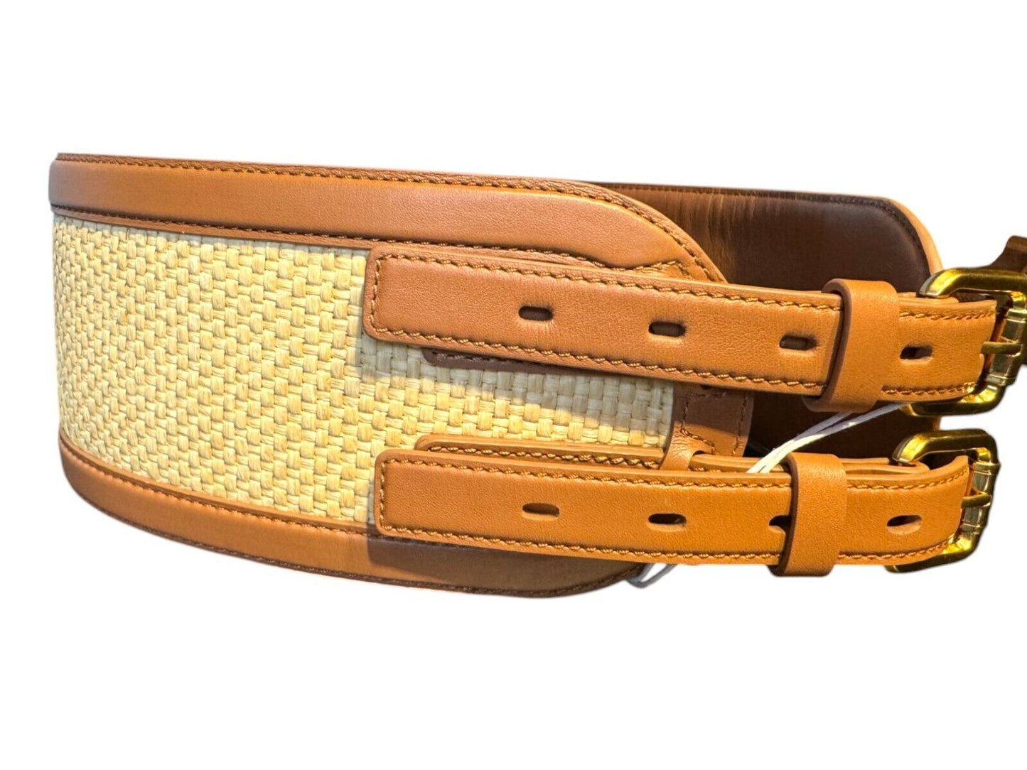 Zimmermann Raffia Belt 90 | Double Buckle, Tan/Beige, Wide, Waist, Leather, Gold