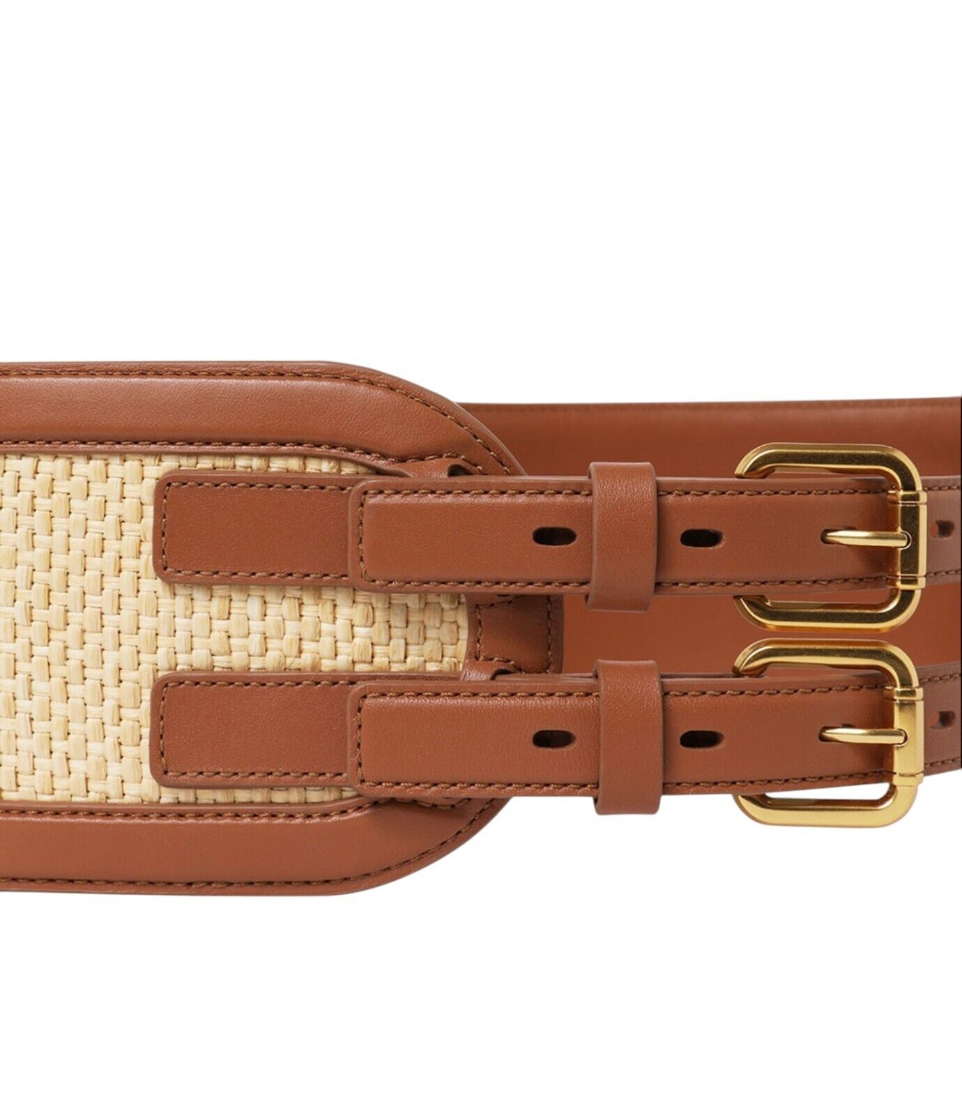 Zimmermann Raffia Belt 90 | Double Buckle, Tan/Beige, Wide, Waist, Leather, Gold