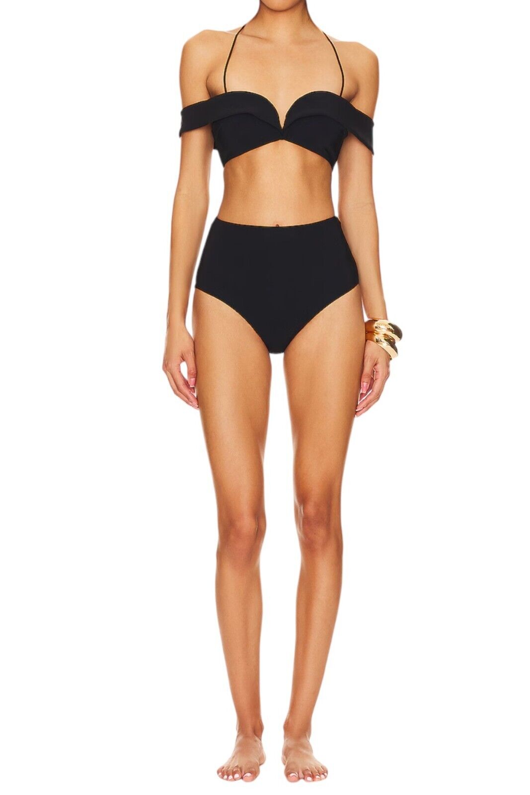 Zimmermann Lexi Off Shoulder Bikini | Black, High Rise, Sweetheart, Boned, Strap