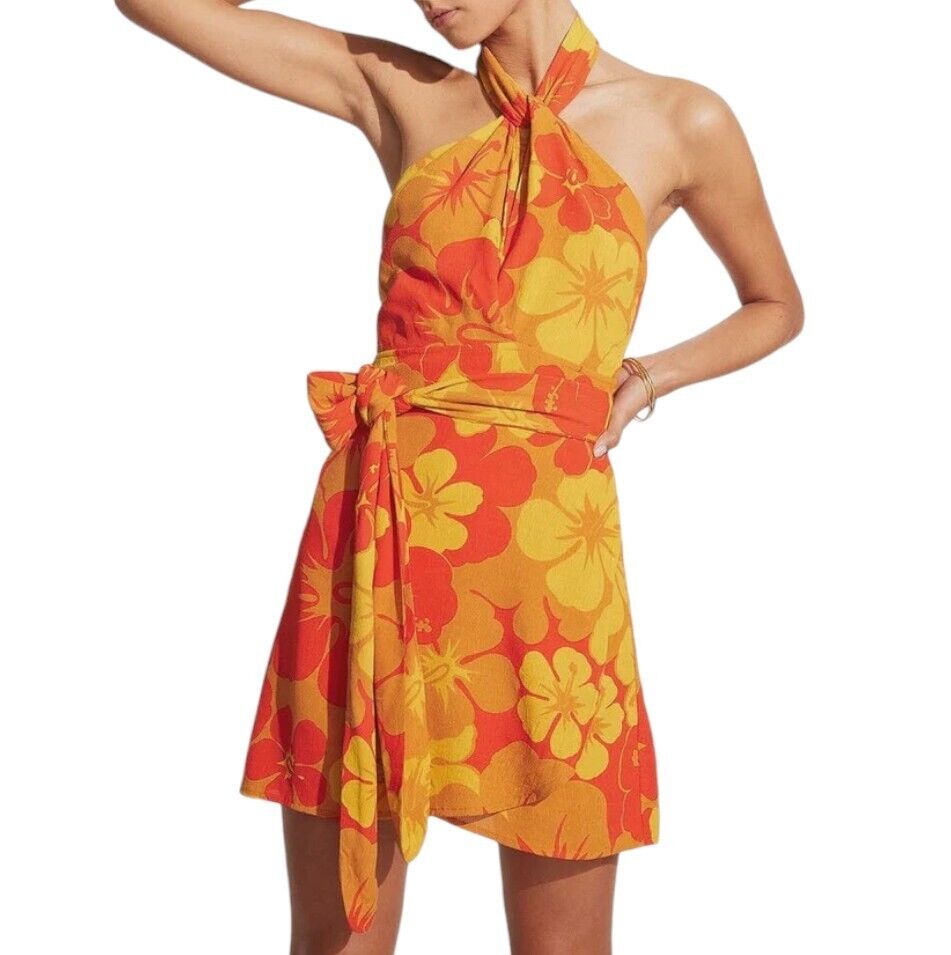 FAITHFUL THE BRAND Odette Mini Dress | Orange/Yellow Floral Print, Sz 12, Linen
