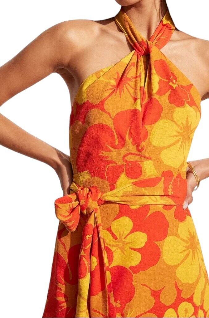 FAITHFUL THE BRAND Odette Mini Dress | Orange/Yellow Floral Print, Sz 12, Linen