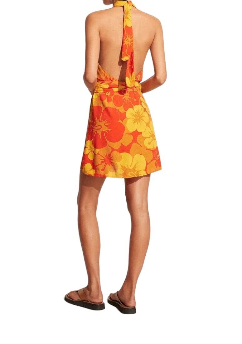 FAITHFUL THE BRAND Odette Mini Dress | Orange/Yellow Floral Print, Sz 12, Linen