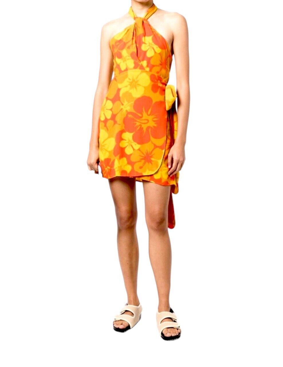 FAITHFUL THE BRAND Odette Mini Dress | Orange/Yellow Floral Print, Sz 12, Linen