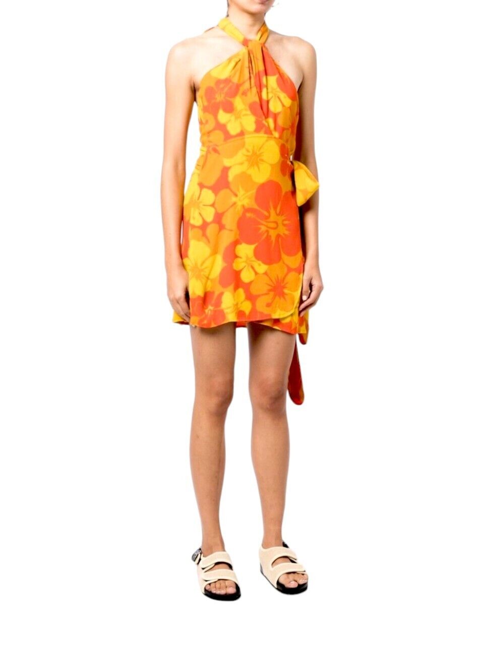 FAITHFUL THE BRAND Odette Mini Dress | Orange/Yellow Floral Print, Sz 12, Linen