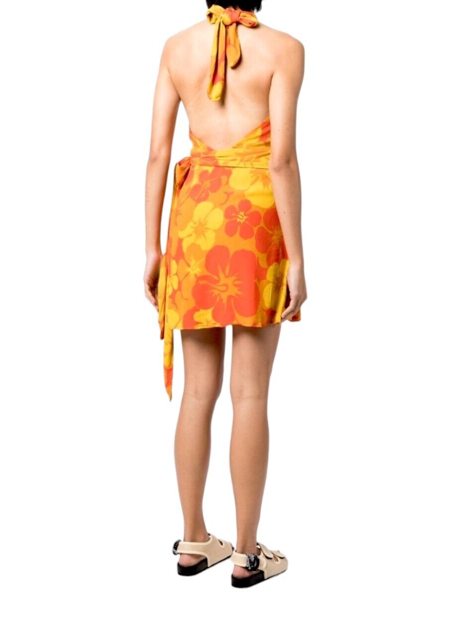 FAITHFUL THE BRAND Odette Mini Dress | Orange/Yellow Floral Print, Sz 12, Linen