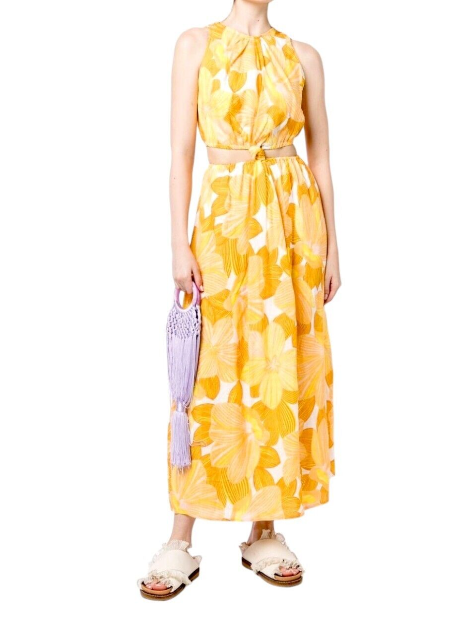 FAITHFUL THE BRAND Zeta Midi Dress | Sz 14, Yellow/Orange, Cut Outs, Linen