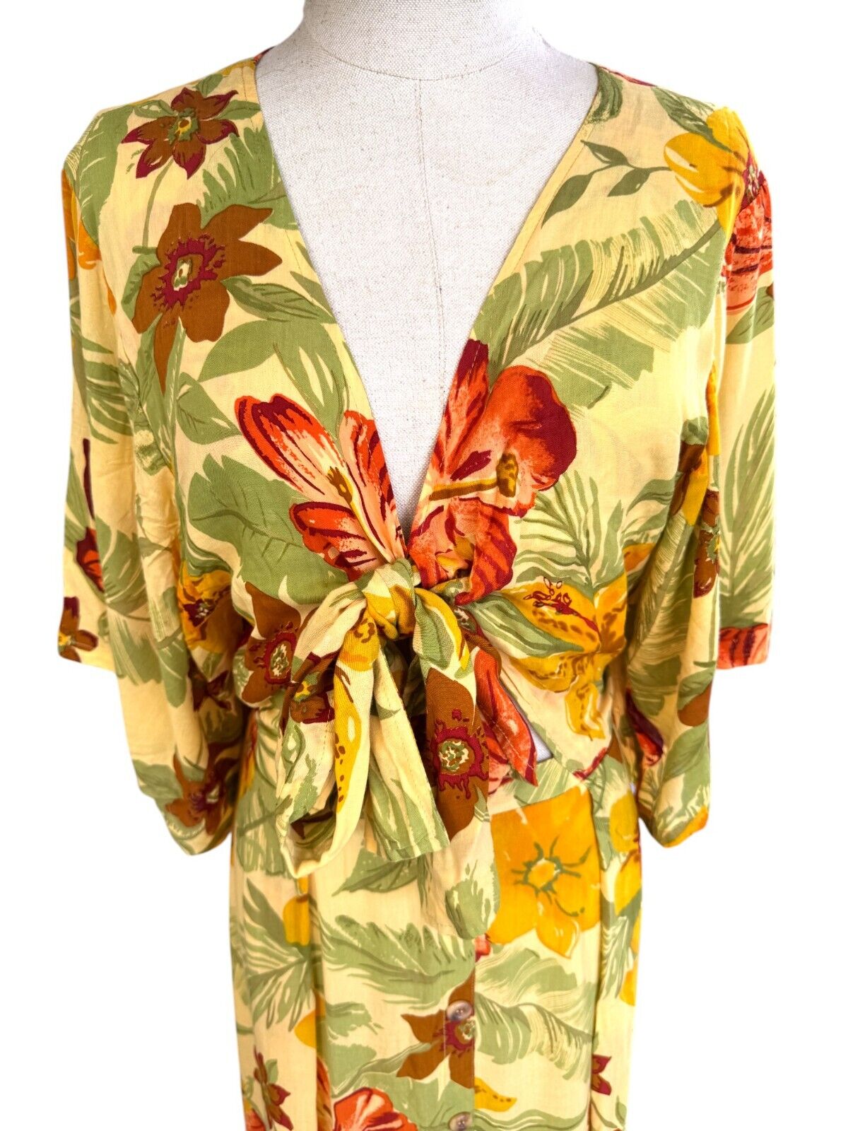 FAITHFUL THE BRAND Magda Midi Dress | Sz 14, Yellow Floral, Cut Out Bodice, Soft