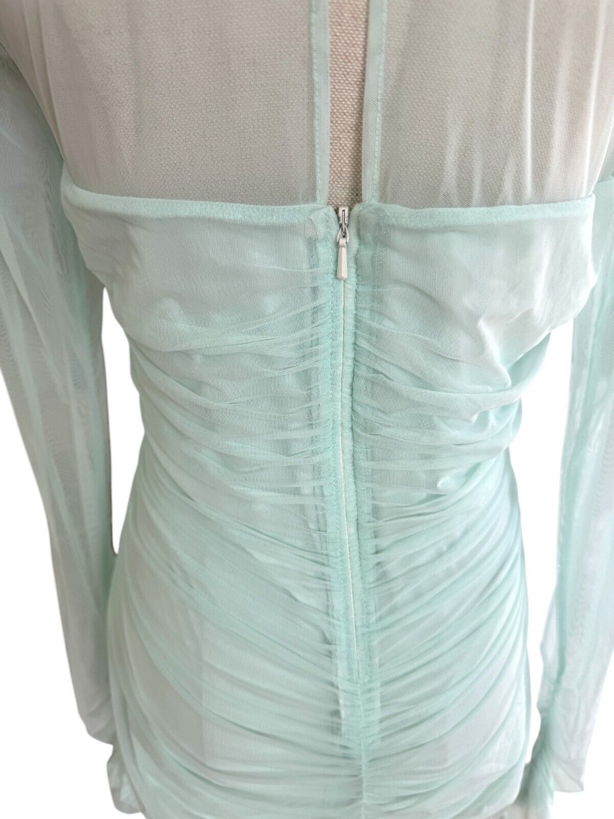 CUE Mesh Long Sleeve Gathered Top |Sz 10,Mint Green, Ruched, Sheer, Cut Out