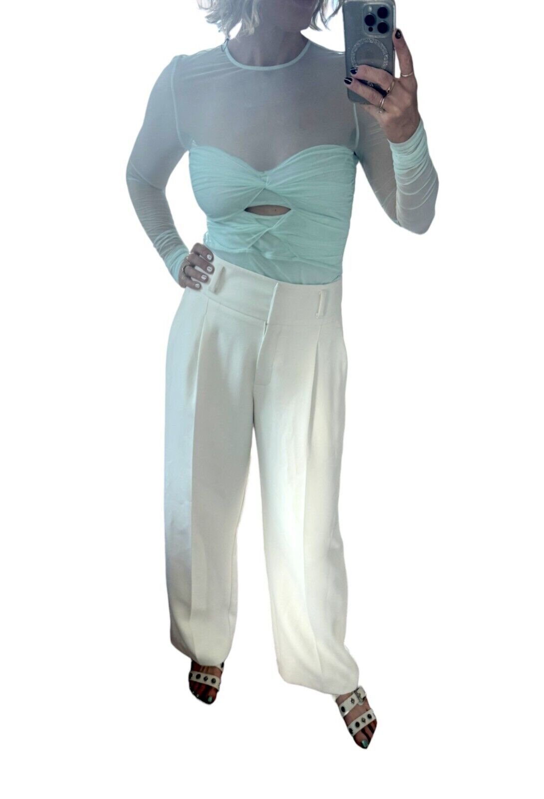 CUE Mesh Long Sleeve Gathered Top |Sz 10,Mint Green, Ruched, Sheer, Cut Out