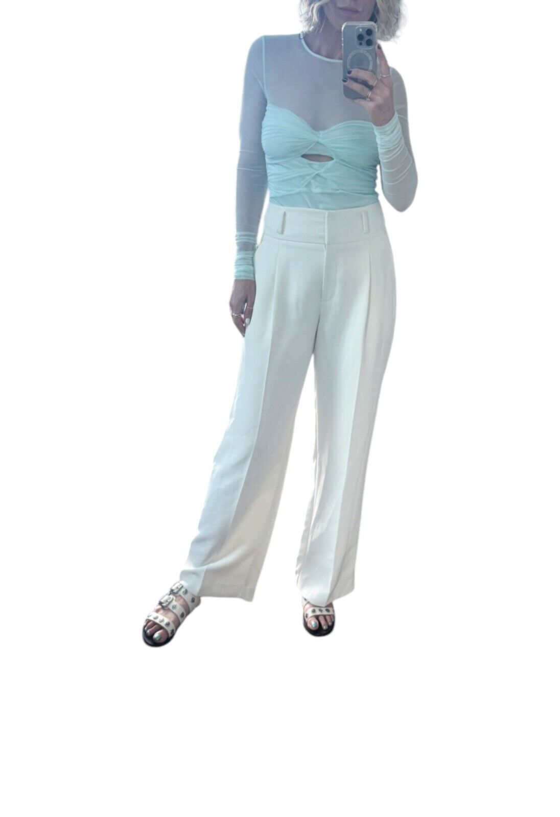 CUE Mesh Long Sleeve Gathered Top |Sz 10,Mint Green, Ruched, Sheer, Cut Out